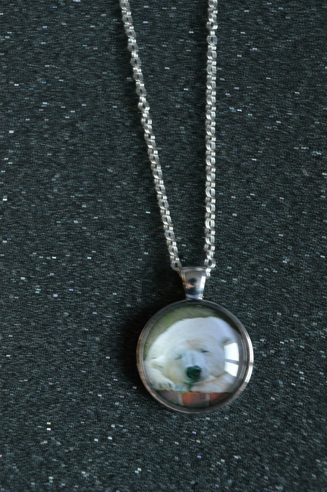 Polar Bear Round Dome Pendant Necklace